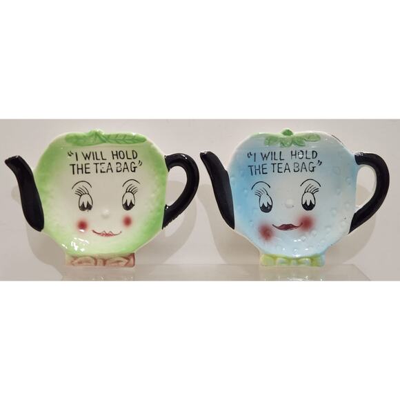 Vtg Tea Bag Holder Set "I Will Hold The Tea Bag" Anthropomorphic Fruit Orig. Tag - Picture 2 of 15